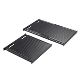 Charola Ventilada de Instalación sin Herramienta, Para Rack o Gabinetes de 4 Postes, Ajustable de 900 a 1200 mm de Profundidad, De Acero, Color Negro