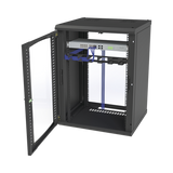 Gabinete para Montaje en Pared, Puerta de Cristal Templado, Cuerpo Fijo con Rack 19" de 16 Unidades