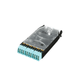 Cassette HD Flex de 12 Fibras Multimodo OM4, de MPO a 6 Conectores y Precargado con 12 Pigtails LC Duplex, Color Aqua