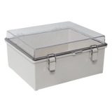 Gabinete Plástico ABS / Puerta Transparente Policarbonato / 300 x 300 x 180 mm (11.8 x 11.8 x 7.1 in) / Uso en Intemperie / Cierre por Broches Inoxidables / Compatible con Placa Interna
