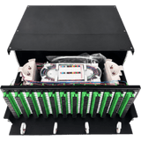 Distribuidor de Fibra Óptica (ODF) para 144 Empalmes, con 144 Acopladores SC/APC y 144 Pigtails SC/APC, para Rack de 19, 4 UR