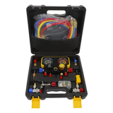 Manómetro de 4 Vías / Compatible con R410A, R32, R134A, R22 / 4 Mangueras 1.5 m / Cuerpo Cobre y ABS / Estuche Incluido