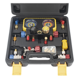 Manómetro de 4 Vías / Compatible con R410A, R32, R134A, R22 / 4 Mangueras 1.5 m / Cuerpo Cobre y ABS / Estuche Incluido
