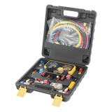 Manómetro de 4 Vías / Compatible con R410A, R32, R134A, R22 / 4 Mangueras 1.5 m / Cuerpo Cobre y ABS / Estuche Incluido